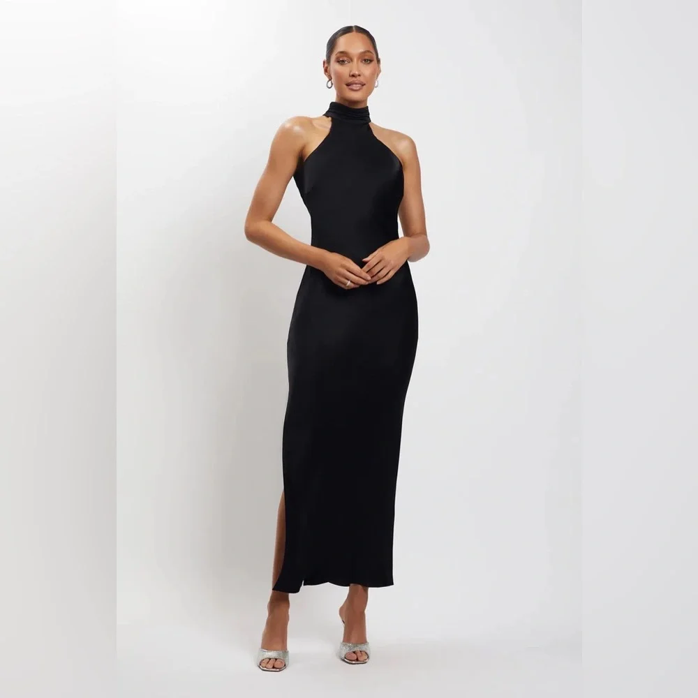 Satin Drape Back Maxi Dress with Split Black Small - Picture 4 of 15